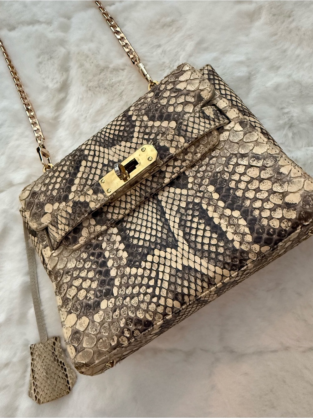 Neiman Marcus Taupe & Beige Python-Print Chain Shoulder Bag with Gold Hardware